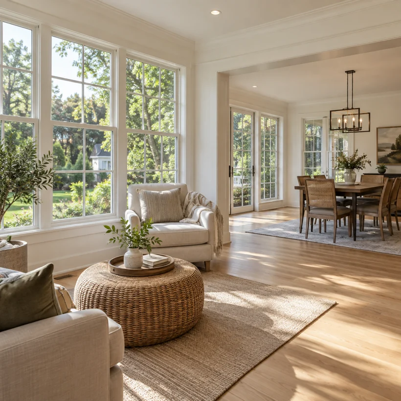 Sunroom addition with broad windows and a connection to the garden