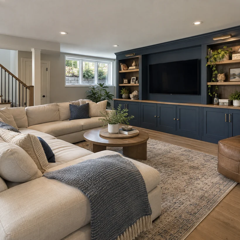 Finished basement with a media wall and comfortable seating