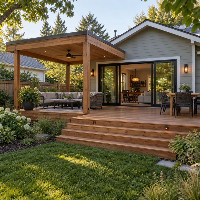 Covered cedar deck with outdoor seating