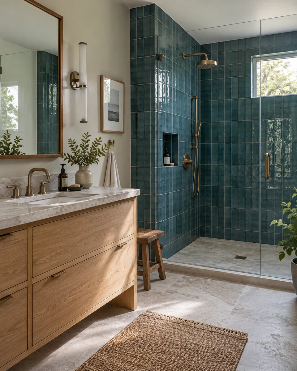Blue tiled shower and oak vanity