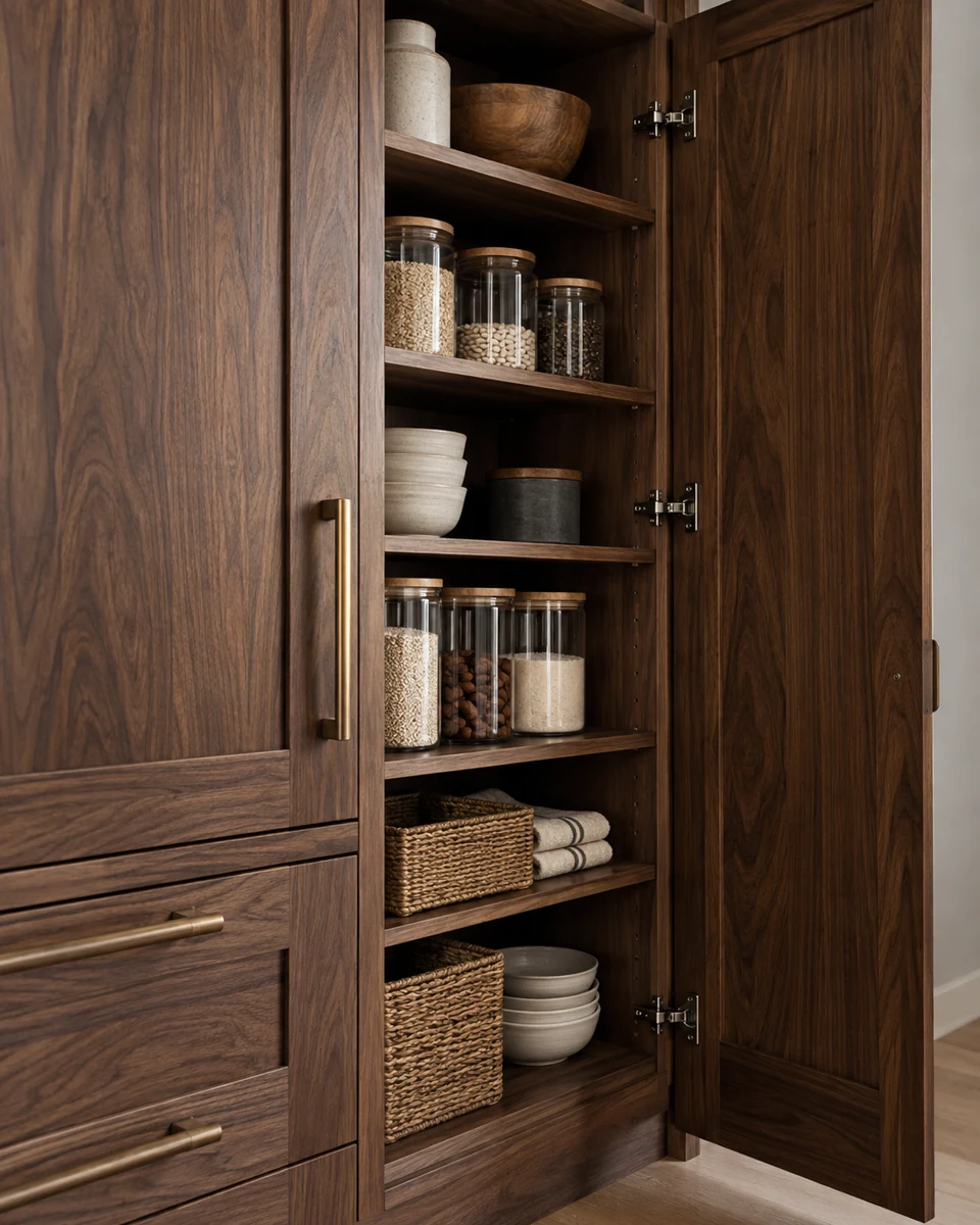 Walnut pantry with open shelving, visible joinery and brass hardware