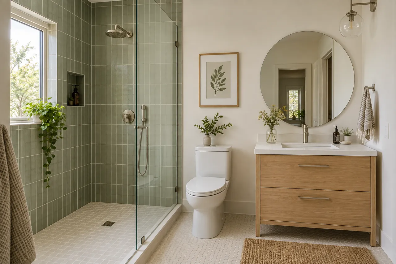 Remodeled bathroom with green tile and an oak vanity