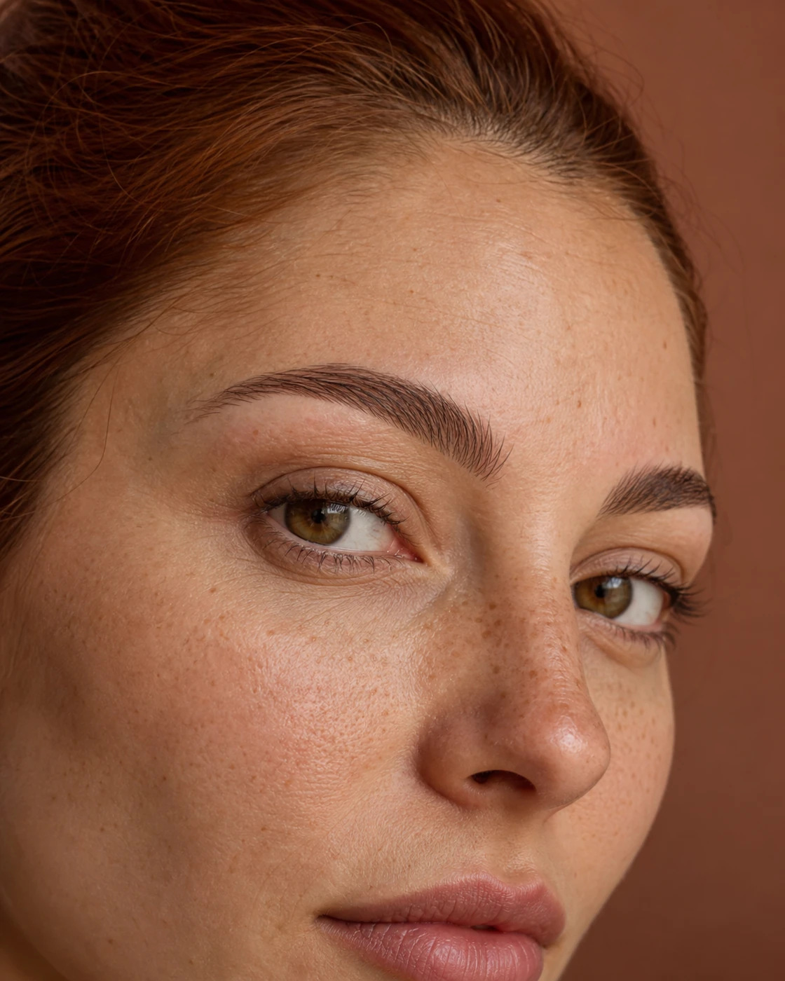 Close-up of individually defined brows and freckles on an auburn-haired woman