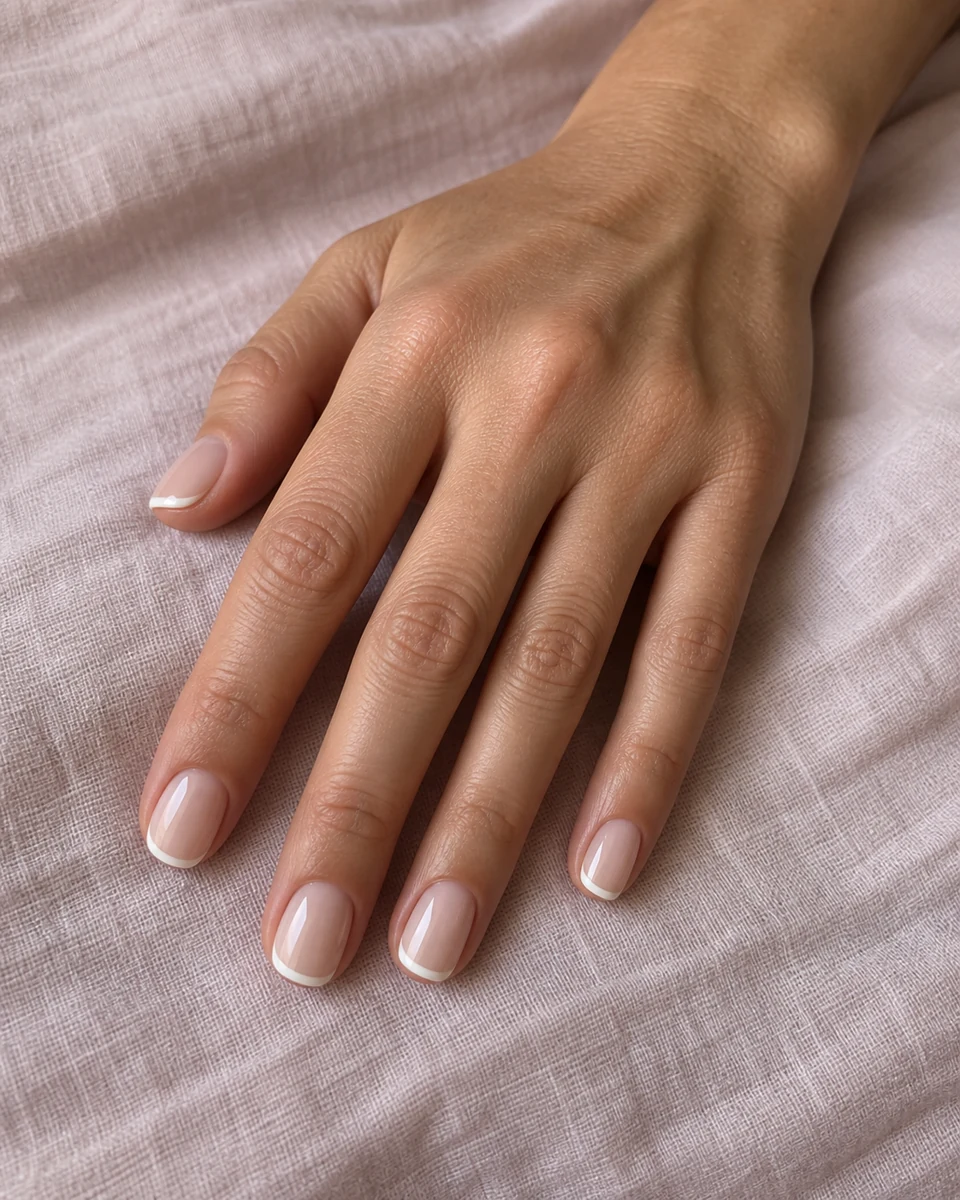Short nude nails with fine white French tips on pink linen