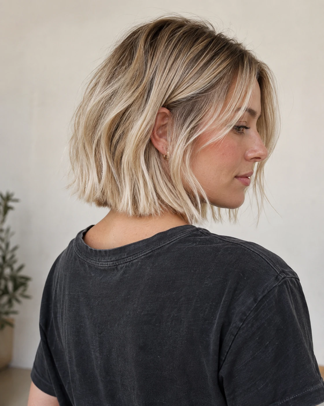 Blonde bob with lived-in roots and natural strand texture
