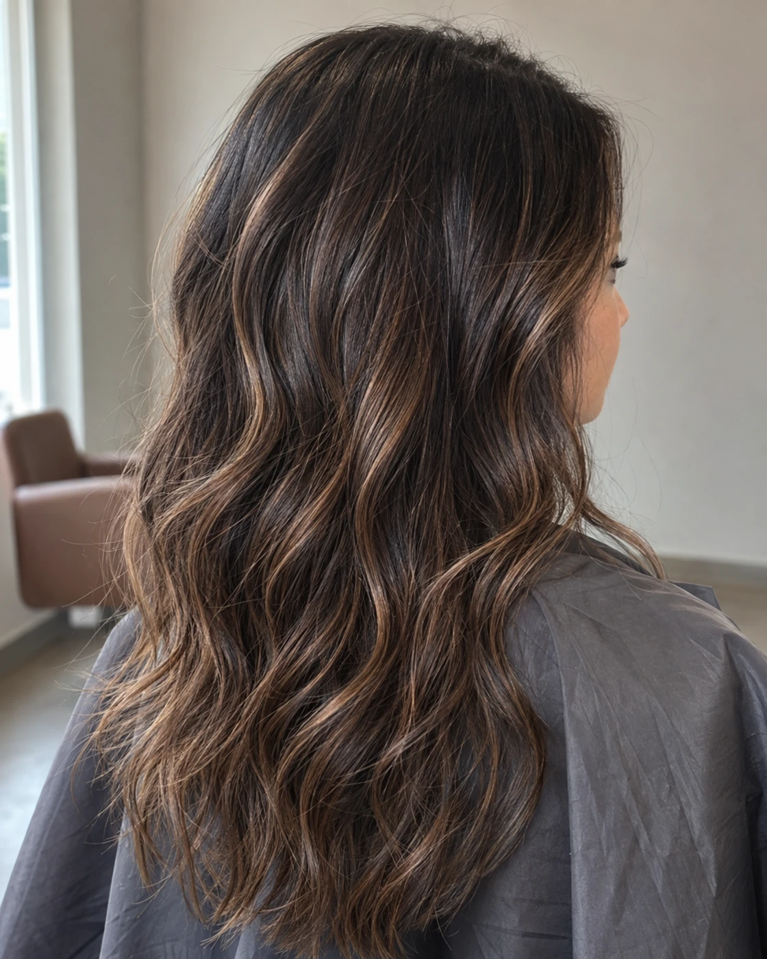 Dimensional chestnut hair with soft caramel highlights, photographed from behind