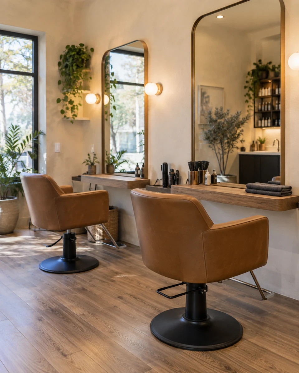 Warm welcoming salon with styling chairs and tall mirrors