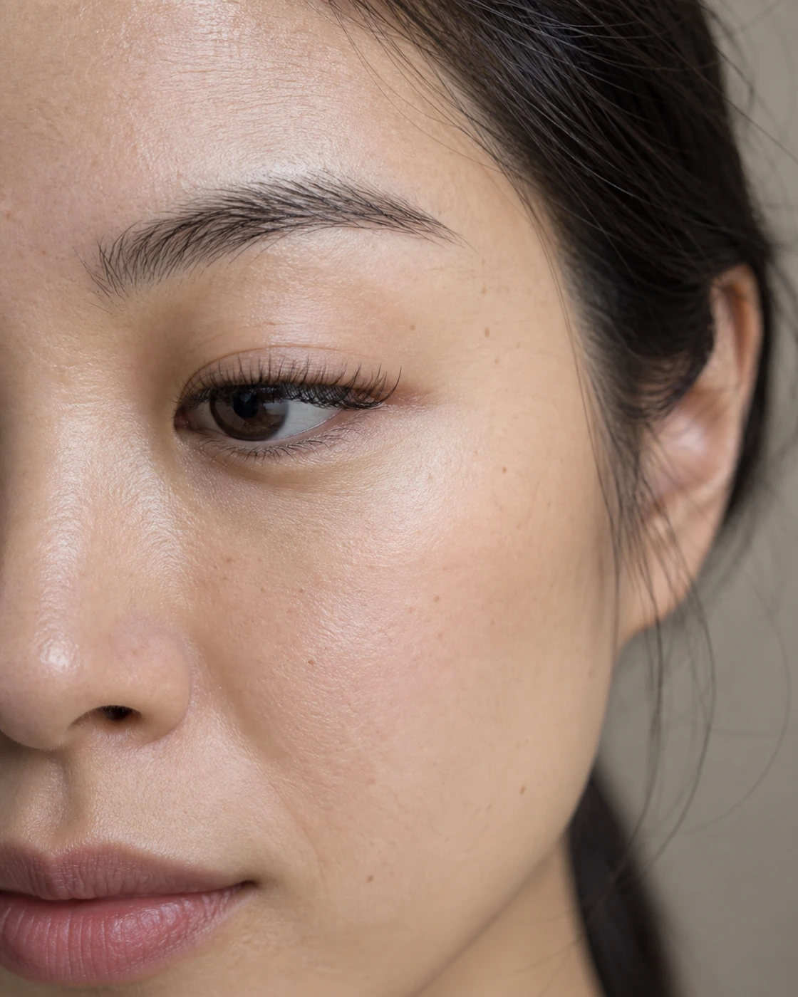 Close-up of softly defined lashes with natural skin texture