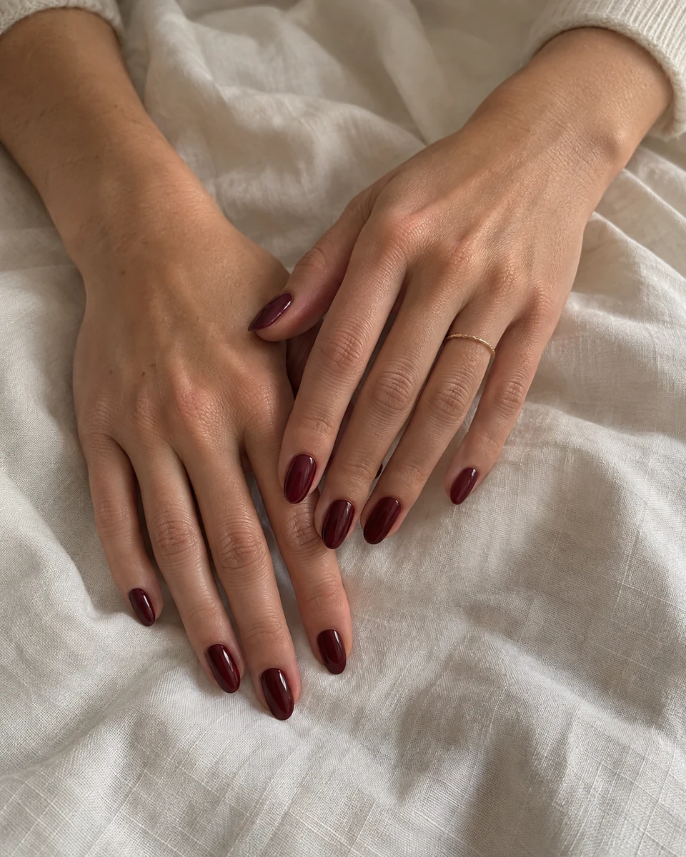 Glossy burgundy manicure on natural hands